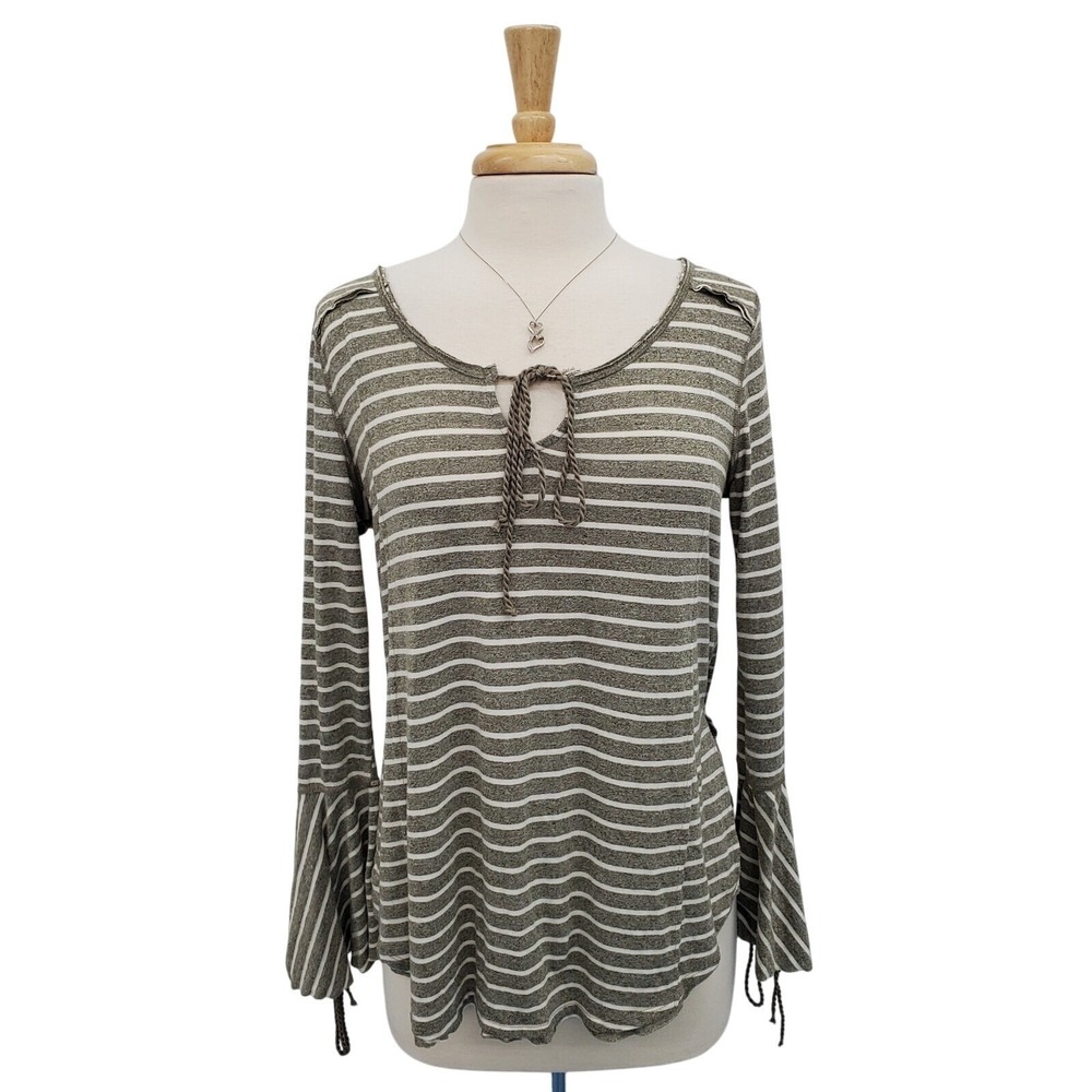 Umgee Womens M‎ Olive Stripe Boho Bell Sleeve Tie Neck Flowy Peasant Top